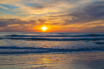 Beautiful Golden Sunset Blue Beach Waves