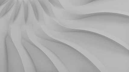 Modern abstract parametric three-dimensional background of a set of wavy swirling white three-dimensional petals converging in a cent. 3D illustration
