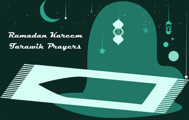 Ramadan Kareem Islamic design light lantern, prayer rugs, crescent moon and stars. Happy Ramadan Kareem tarawih prayers background design. Vector banner, card, celebration of Muslim. Landing page, web