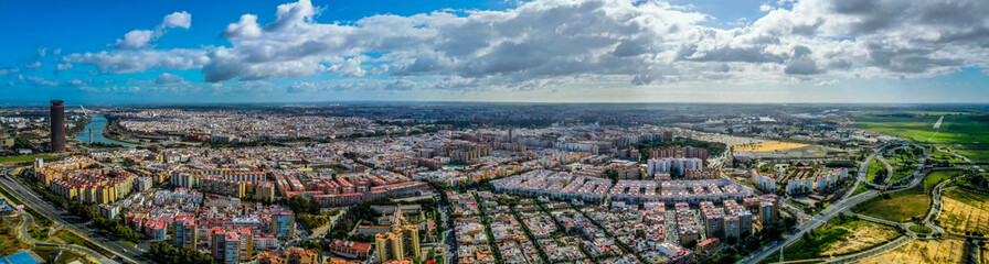 Fototapeta na wymiar Sevilla city. Beautiful Aerial Panorama Shot. Centre and its landmarks,, Spain, Seville