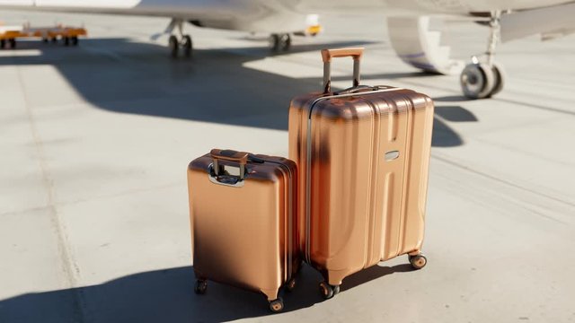 Preparing for a private flight. Jet. Luggage. Exclusive. Runway. Blue sky. 4k HD
