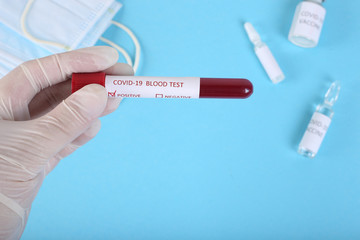 Naklejka premium Positive COVID-19 test on vaccine background. Vacine for use for prevention,immunization and treatment from corona virus infection(coronavirus disease 2019,COVID-19,nCoV 2019).