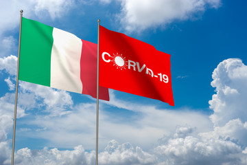Covid-19 in Italy background with Italian flag and icon. Coronavirus in Italia. 3D Rendering