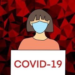 Hand drawn girl holding sign “Covid-19” virus, illustration