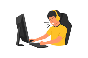 Gamer play in online video game and angry about losing, in the headphones and with computer mouse and keyboard. Concept pro gamer esport cartoon