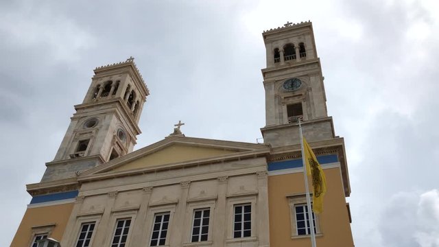 Cathedral of Saint Nicolas in Ermoupolis, Syros island, Greece, in a grey raining day.