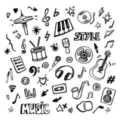 Music doodles. Hand drawn musical icons. Music theme vector set.
