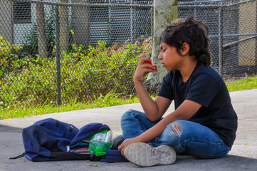 coronavirus school young boy look asma pump attack cough asthma sanitize look down backpack look bored upset sick worried backpack mom empty kids sanitize backpack empty covid19