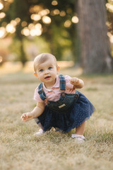 Eight month baby first time stand up. Adorable little girl made firs step in her life. Fantactic...