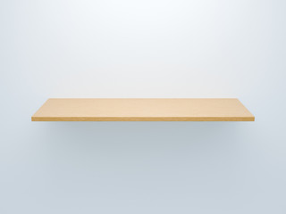 Light Yellow Wooden shelf on gray isolated background. 3D render template mockup