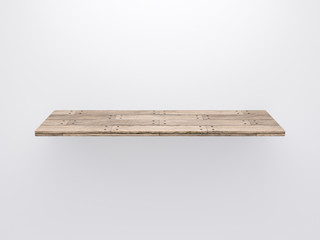 Old rough wooden shelf on gray isolated background. 3D render template mockup