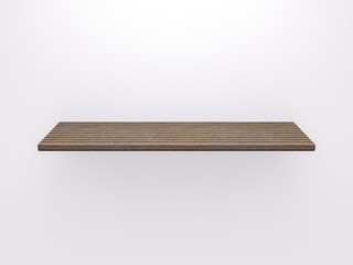 Dark planked corrugated wooden shelf on gray isolated background. 3D render template mockup
