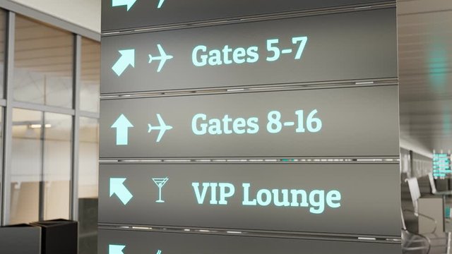 Sign directing into different areas of the waiting hall. Airport terminal. 4k HD