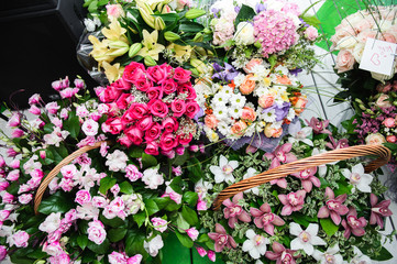 Fototapeta na wymiar Flower shop. Colorful wedding bouquets. Bridal bouquet. Luxury royal restaurant. Valentine's day, birthday, dating or mother's day decoration