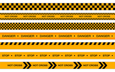 Vector set of restriction tapes, police line, crime scene investigation. Collection of danger caution stripes.