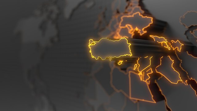 rised turkey on world map with elevated countries. 3d illustration