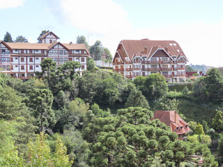 Swiss style houses being seen from a long distance