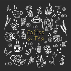 Cute vector hand drawn set of cups, pots for coffee and tea. 