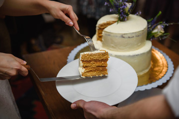 Elegant rustic wedding cake with flowers, close up of cake and blur background, selective focus