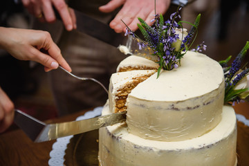 Elegant rustic wedding cake with flowers, close up of cake and blur background, selective focus