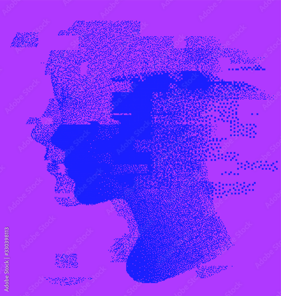 Poster human head made of particles with glitch art effect. futuristic cyberpunk style vector illustration,