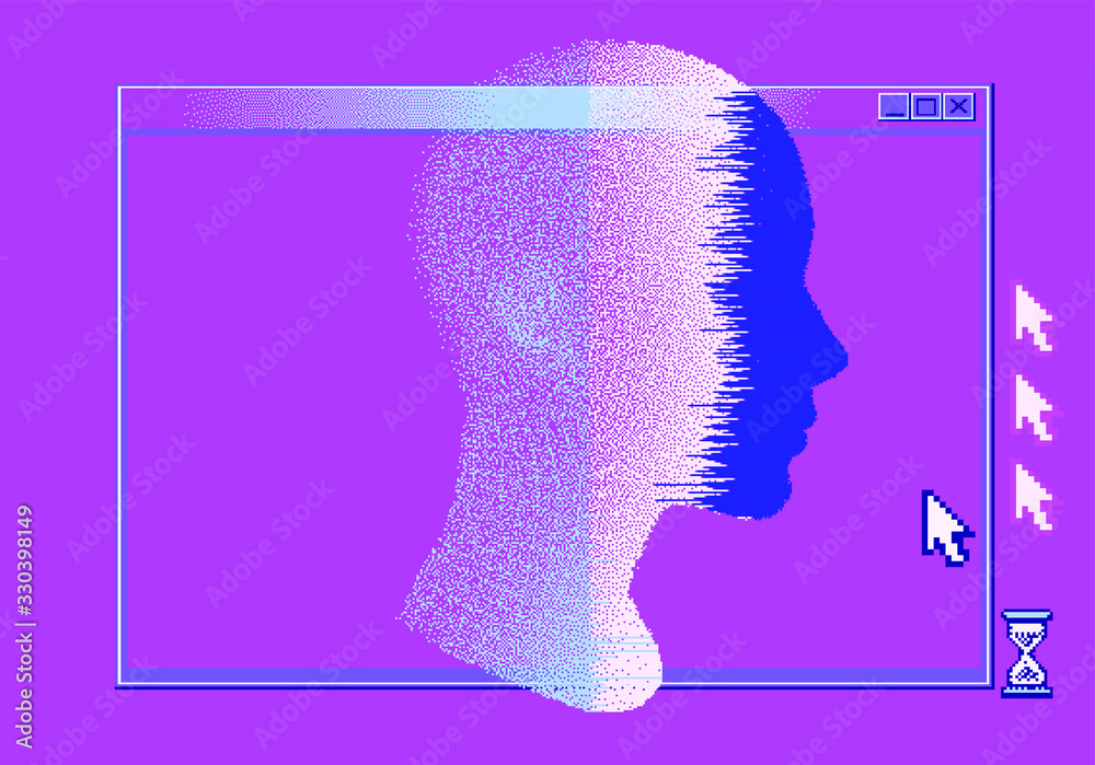 Poster Human head made of particles with glitch art effect. Futuristic cyberpunk style vector illustration, concept of malware and computer viruses.