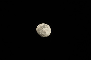 close up view of the full moon with visible craters on surface on the black sky