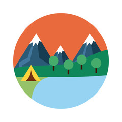 Fototapeta premium landscape scene with camping tent flat style icon
