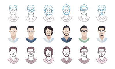 A collection of Asian male avatars with different hairstyles (beard, mustaches) and outfits. Vector illustration in 3 style variations: flat, outlines, and outlines with monochrome color.
