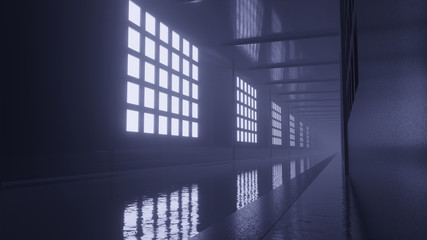 dark corridor with bright windows 3d rendering illustration