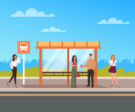 People characters passengers standing on bus station and waiting transport. Vector flat graphic design illustration