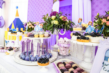Little girl birthday party table with princess cake, macaroons, cupcakes, and sugar cookies. Candy bar for kids. Sweet holiday buffet with sweets and other desserts.