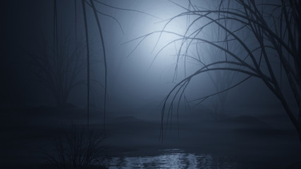 dark and foggy forest swamp 3d rendering illustration background