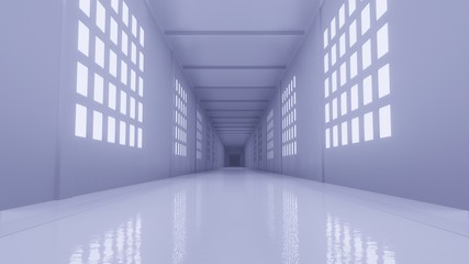 white corridor with bright windows 3d rendering illustration background