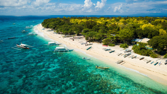 Aerial view of an awesome tropical beach in the Philipines. Honeymoon travel destination in the southeast