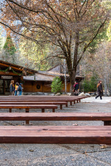 Yosemite National Park, California, United States of America - December, 2019 - Food court for tourists in the middle of the forest, by the end of Autumn and beginning of Winter.