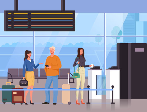 People passengers characters waiting boarding. Vector flat graphic design cartoon illustration