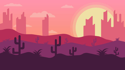 Silhouette of city at sunset. Flat illustration. City and desert with cacti