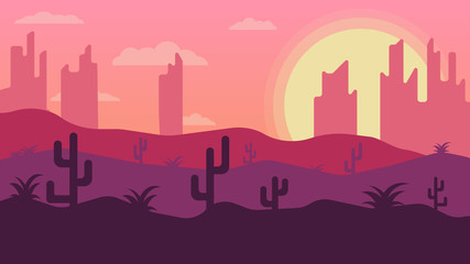 Silhouette of city at sunset. Flat illustration. City and desert with cacti. Vector illustration