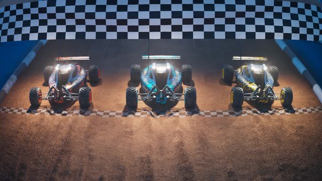 Three RC-cars standing on a start line, ready for a night toy race. 4KHD