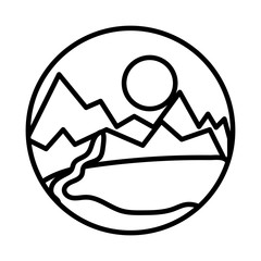 landscape scene with mountains ans river line style icon