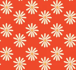 Zelfklevend Fotobehang rood en mosterd jaren 70 groovy vintage retro bloemen madeliefjes naadloze vector patroon © Inez