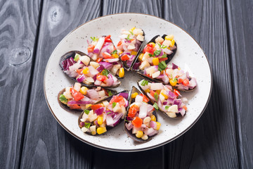 Traditional  Peruvian food background with mussels