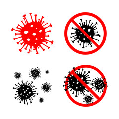 Fototapeta premium Set of 4 Dangerous Coronavirus red and black vector Icon. 2019-nCoV bacteria isolated on white background. COVID-19 Wuhan corona virus disease sign STOP pandemic concept symbol. Human health medical