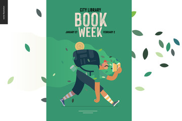 In the wood -world Book Day poster template -book week events. Modern flat vector concept illustrations of reading people -man with mustache, cap, snickers and backpack in the forest reading a book