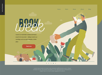 World Book Day graphics, dog walk web template, book week events. Modern flat vector concept illustrations of reading people -a man reading a book with enthusiasm, walking a bulldog pulling a leash