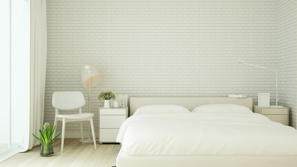 white bedroom on white brick design in hotel or home - Interior minimal style of artwork bedroom - 3D Rendering