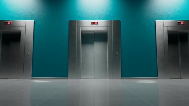 A modern elevator arrived on the floor. Slowly opening doors. Empty interior. 4K