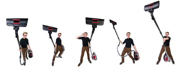 Fototapeta na wymiar Funny man with vacuum cleaner on white
