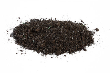 black earth on white background. natural soil texture. Pile heap of soil humus isolated on white background